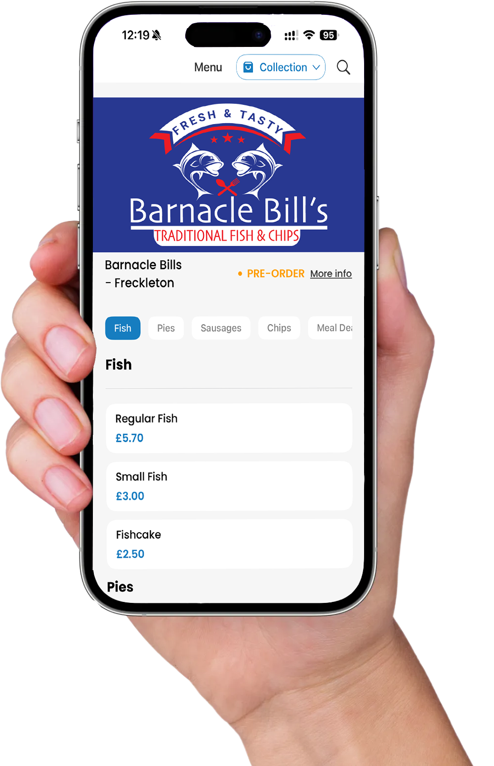 Barnacle Bills App showing on a phone being held with hands